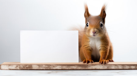 Red squirrel with empty mock up blank card on a white background, studio shotの素材
