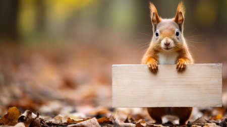 Cute squirrel with wooden mock up sign in autumn forest. Space for textの素材