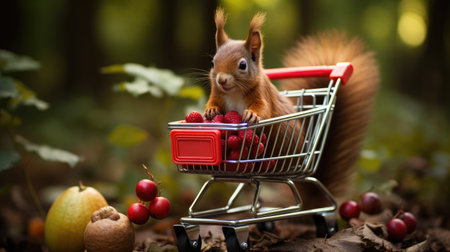 Red squirrel in the shopping cart on the background of autumn forest.の素材