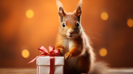 Cute squirrel with white gift box with red bow on table on bokeh backgroundの素材