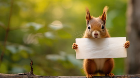 Cute squirrel with empty mock up sign in forest. Space for textの素材
