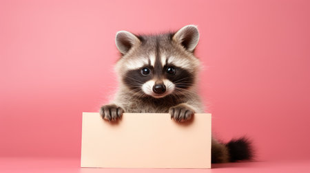 Cute raccoon holding empty blank card on pink background, mock upの素材