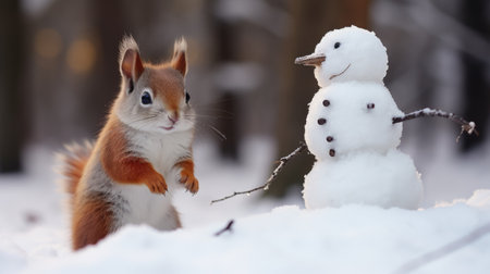 Cute red squirrel with snowman in winter forest. Winter fun.の素材