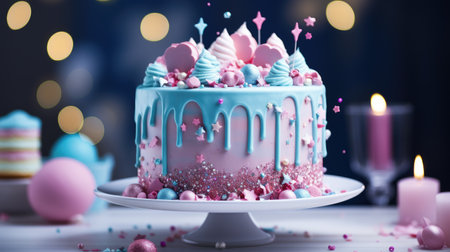 A festive cake with pink and blue icing and candies. Gender reveal concept. Boy or girlの素材