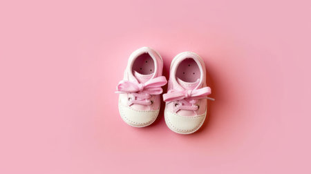 Pink baby shoes on pink background. Flat lay, top view.の素材