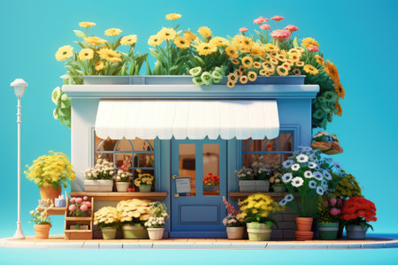 Illustration of small flower shop with flowers in pots on blue backgroundの素材