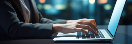 Close up of businesswoman hands typing on laptop keyboard in office. Banner 3:1の素材