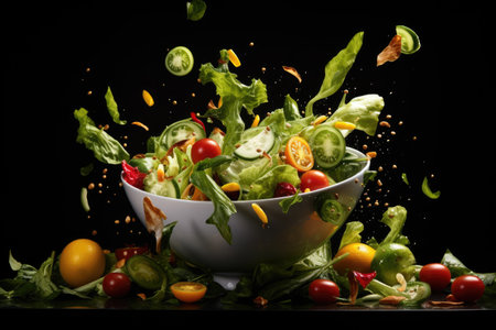 Flying fresh vegetable salad in bowl with splashes and drops on black backgroundの素材