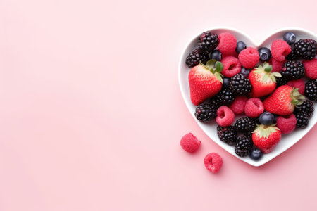 Heart shaped bowl with fresh berries on pink background, copy space.の素材
