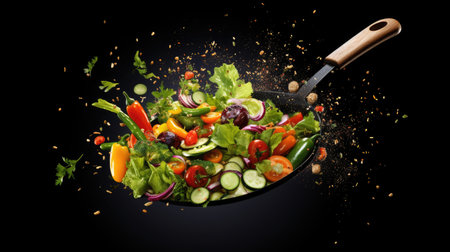 Fresh vegetable salad in a pan with splashes on a black backgroundの素材