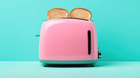 Retro pink toaster with toasts on a turquoise background.の素材