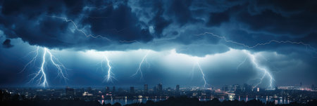 Thunderstorm over the city at night. Panoramic view. Banner 3:1の素材