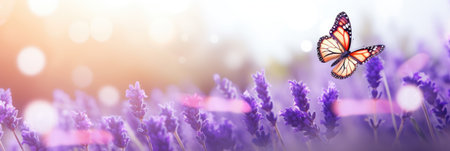 Butterfly on lavender flowers. Floral nature background. Banner 3:1の素材