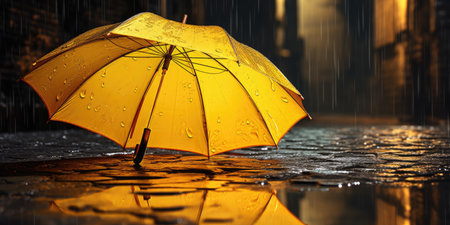 An open yellow umbrella in the rain on the road is reflected in a puddleの素材