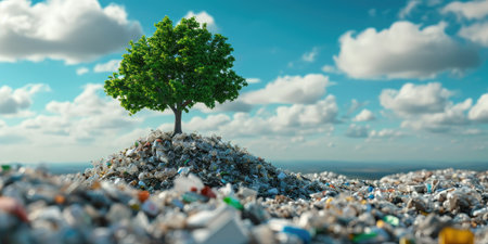 Green tree growing on pile of garbage. Ecology and environment concept.の素材