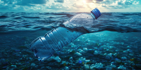 Plastic bottle floating in water. Plastic pollution concept.の素材
