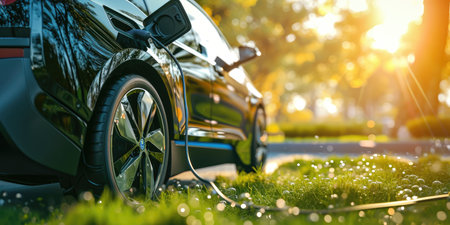 Close-up of an electric car charging on a green lawn.の素材