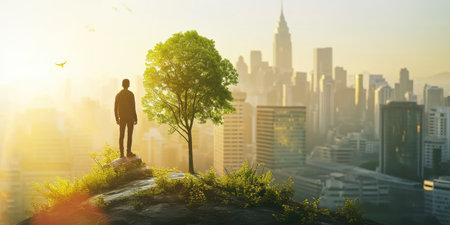 Silhouette of man standing on top of mountain and looking at cityscapeの素材