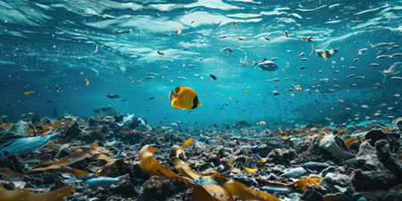 Tropical fish swim on the reef with debris. Environmental Protection Conceptの素材