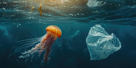 Jellyfish swimming in the ocean with single-use plastic bag. Concept of environmental pollutionの素材
