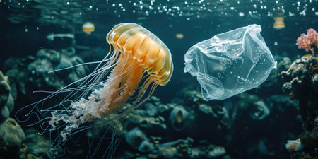 Jellyfish swimming in the ocean with single-use plastic bag. Concept of environmental pollutionの素材