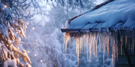 Frosty icicles on the roof of a house in winterの素材