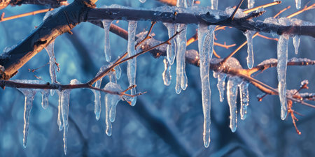Icicles hanging from the branches of a tree in winter.の素材