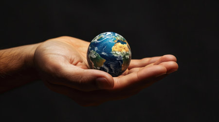 Hand holding a world globe on black background. Save the planet conceptの素材