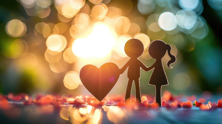 Silhouette of man and woman with red hearts on bokeh background. Happy Valentine's dayの素材