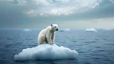 A lone polar bear sits on an ice floe. Global warming conceptの素材