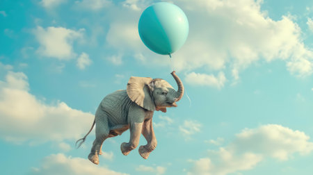 Elephant flying with blue balloon on sky backgroundの素材