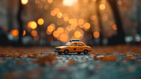 Taxi in the city. Yellow taxi car on the road in autumnの素材