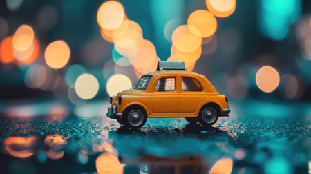 Miniature yellow taxi car with bokeh background, transportation conceptの素材