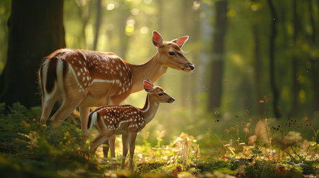 Fallow deer and fawn in the forest. Wild animals in nature.の素材