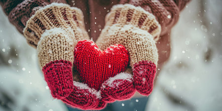 Woman hands in knitted mittens holding red heart on snowy background. Valentine's Day Conceptの素材