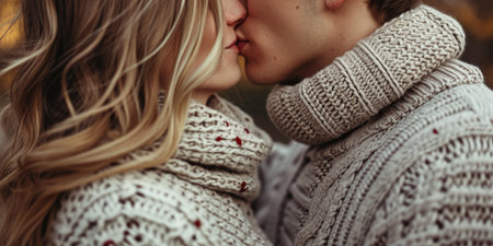 Close-up portrait of a beautiful young couple in knitted sweaters kissing. Valentine's Day Conceptの素材