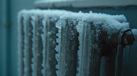 Closeup of a radiator covered with snow in a cold winter dayの素材
