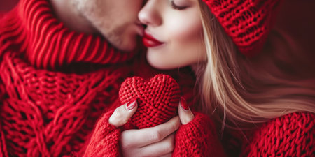 Beautiful young couple in red sweaters and scarves hugging and kissing. Valentine's Day Conceptの素材