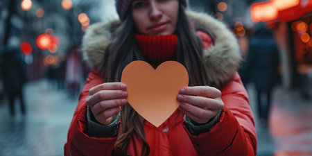 Young woman holding paper heart on the street in winter. Valentine's dayの素材