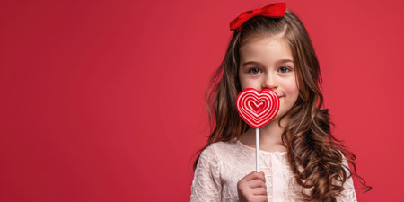 Beautiful little girl holding heart shaped lollipop on red backgroundの素材