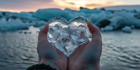 Heart shaped ice in the hands of a man against the background of a sunsetの素材
