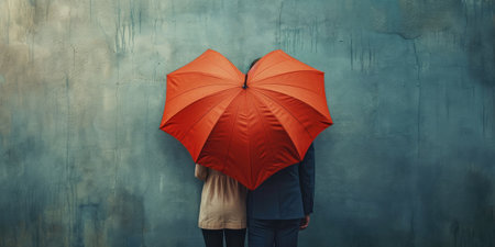 Couple stand under a red heart-shaped umbrella looking from the back. Valentine's Day Conceptの素材