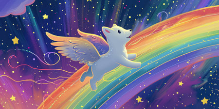 A cute puppy with angel wings runs along the rainbow. The concept of rest in peace. Fantasy animal illustration.の素材