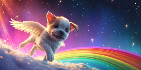 A cute chihuahua puppy with angel wings runs along the rainbow. The concept of rest in peace. Fantasy animal illustration.の素材