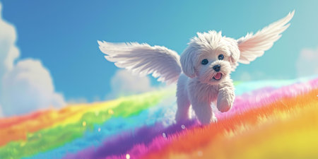 A cute maltese puppy with angel wings runs along the rainbow. The concept of rest in peace. Fantasy animal illustration.の素材