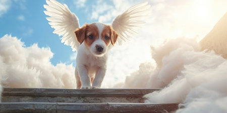 Cute Jack Russell Terrier with angel wings on the stairs to heaven among the cloudsの素材