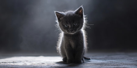 Little gray kitten on a dark background with smoke, close-upの素材
