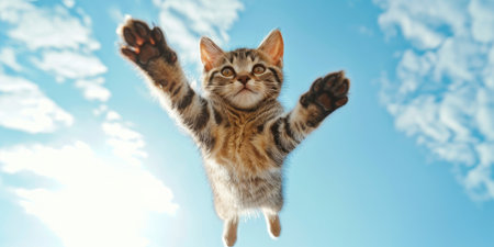 Cute little kitten jumping on sky background. Banner with space for textの素材