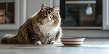 Cute cat with bowl of food on the floor at home.の素材