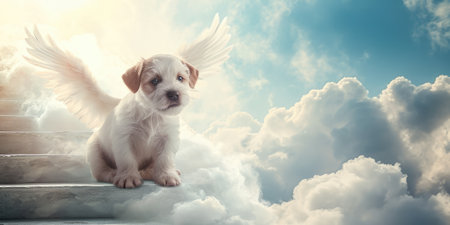 Jack russell puppy with angel wings on clouds in paradise. The concept of rest in peace.の素材